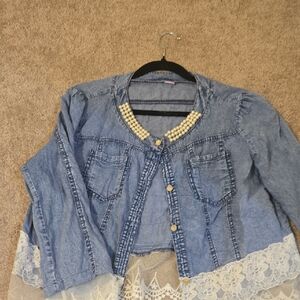 Blue Denim Jacket with Lace Trim